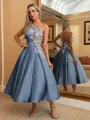Perfect Ball-Gown One-Shoulder Flower Tea-Length Satin Dress